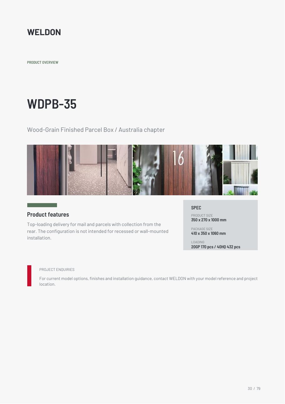 WDPB-35 — Wood-Grain Finished Parcel Box catalogue reference page