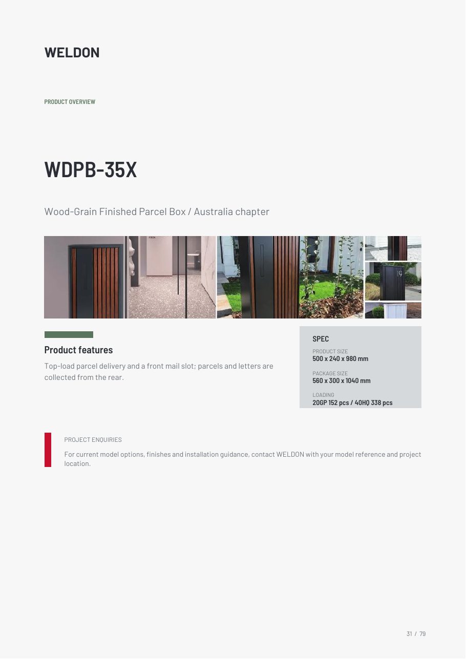 WDPB-35X — Wood-Grain Finished Parcel Box catalogue reference page