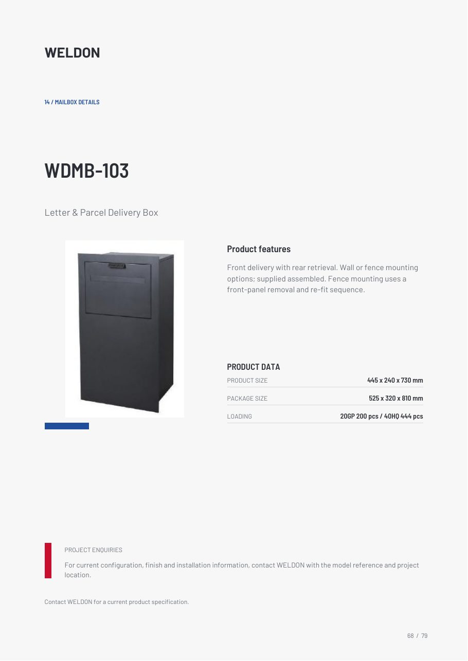 WDMB-103 — Letter & Parcel Delivery Box catalogue reference page