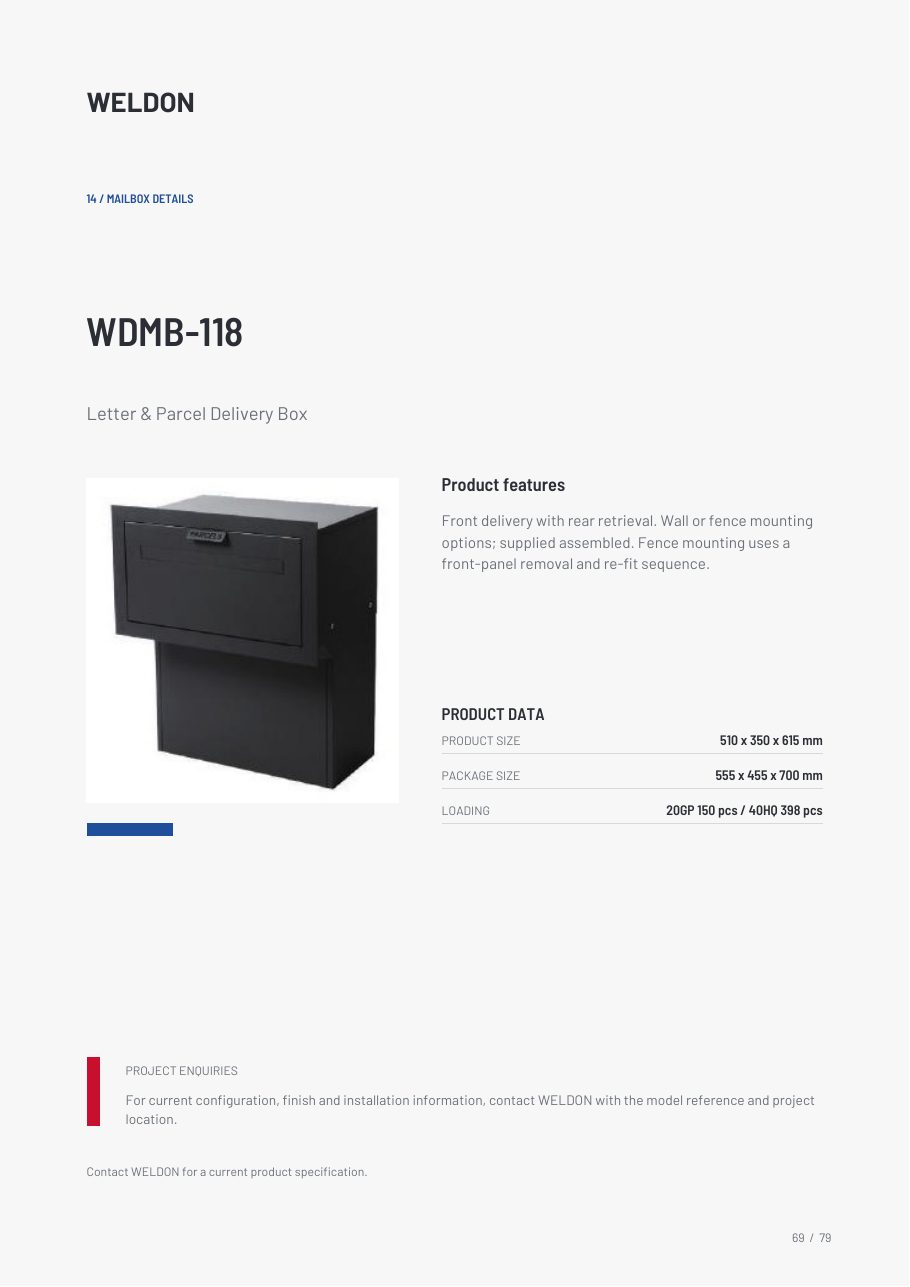 WDMB-118 — Letter & Parcel Delivery Box catalogue reference page
